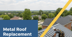An overhead shot of a roofer installing a dark grey metal roof on a residential home in Kennesaw, GA, with other houses and green trees visible in the background under a partly cloudy sky. The image features a badge blue and canary yellow overlay with the title "Metal Roof Replacement Kennesaw GA: Built to Last" in white text.