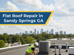 A roofer in a white hard hat and yellow safety vest is performing repairs on a flat commercial roof, working near an HVAC unit and vents, with the skyline of Sandy Springs, GA, visible in the background under a blue sky. The image features a badge blue and canary yellow overlay with the title "Flat Roof Repair in Sandy Springs GA" in white text.