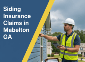 A man in a white hard hat and yellow safety vest inspects damaged blue siding on a residential home, holding a tablet and standing next to a briefcase filled with documents on a ladder. The scene is set under a cloudy sky in Mableton, GA. The image features a badge blue and canary yellow overlay with the title "Siding Insurance Claims in Mableton GA" in white text.