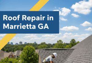 A roofer in a white hard hat and safety harness is on a ladder, diligently repairing a damaged section of a residential shingle roof. In the background, green trees and houses of Marietta, GA, are visible under a bright blue sky. The image features a badge blue and canary yellow overlay with the title "Roof Repair in Marietta GA" in white text.