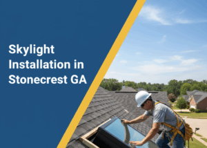 A roofer in a white hard hat and safety harness is on a residential roof, carefully installing a new skylight into an opening on the shingled surface. Houses and green trees are visible in the suburban background under a clear blue sky. The image features a badge blue and canary yellow overlay with the title "Skylight Installation in Stonecrest GA" in white text.