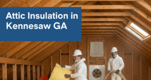 Two workers in white protective suits, hard hats, and respirators are installing yellow fiberglass insulation in an attic. One worker is holding a batt of insulation, while the other is operating a hose that blows loose fill insulation onto the floor. Several packaged batts of insulation are stacked in the foreground.