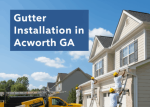 A team of workers in white uniforms and yellow hard hats are installing white gutters on a two-story residential house. Several ladders are propped against the house, and a specialized yellow gutter machine is mounted on a truck in the driveway. A blue tarp and yellow buckets are on the lawn.