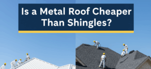 A split image shows two contrasting roofing projects. On the left, a team of roofers in white uniforms and yellow hard hats is installing a white metal roof on a contemporary house, with metal panels stacked on the lawn. On the right, another team is installing dark grey asphalt shingles on a brick house, with a yellow dumpster and bundles of shingles on a blue tarp in the driveway.