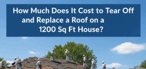 A large crew of roofers in white uniforms, hard hats, and safety harnesses are actively tearing off and replacing the roof of a single-story house. Many workers are on the roof, which shows exposed wooden sheathing and old shingles being removed. A large yellow dumpster is in the driveway, and blue tarps on the ground are covered with discarded shingles and new materials.