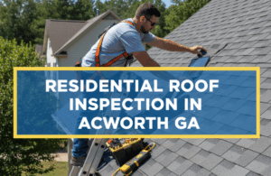 A certified inspector on a ladder checking the shingles and flashing of a residential roof in Acworth, Georgia. The title "RESIDENTIAL ROOF INSPECTION IN ACWORTH GA" is displayed on a blue and yellow graphic overlay.