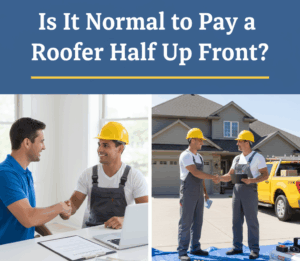A split image shows two scenes of payment discussions with roofers. On the left, a homeowner shakes hands with a roofer across a table with a contract and cash. On the right, a homeowner shakes hands with a roofer who is holding a tablet, standing on a blue tarp with tools and roofing materials in front of a house and a yellow service truck.