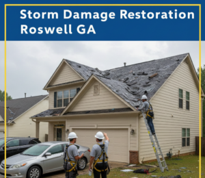 A residential home in Roswell, GA, undergoing professional storm damage restoration after a severe weather event. The image includes a high-contrast title "Storm Damage Restoration in Roswell GA" on a blue and yellow banner.
