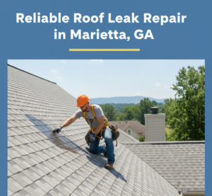 A professional roofing technician in an orange hard hat and safety harness inspecting a roof leak. The image features a top header in badge blue with white text reading "Reliable Roof Leak Repair in Marietta, GA" and a canary yellow accent line.