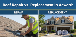 A professional roofing comparison graphic. The top header is badge blue with white text reading "Roof Repair vs. Replacement in Acworth," underlined by a canary yellow accent line. The image is split into two sections: the left side labeled "REPAIR" shows a roofer fixing damaged shingles, and the right side labeled "REPLACEMENT" shows a crew working on a full roof installation with stacks of shingles in the driveway.