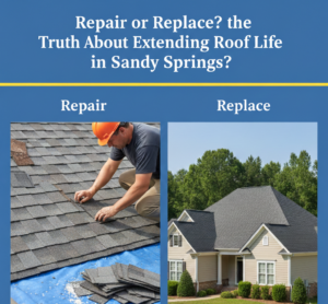 A split-screen blog featured image. The left side shows a professional roofer in an orange hard hat repairing shingles; the right side shows a beautiful, fully replaced roof on a suburban home in Sandy Springs. The header is badge blue with white text and a canary yellow accent line.