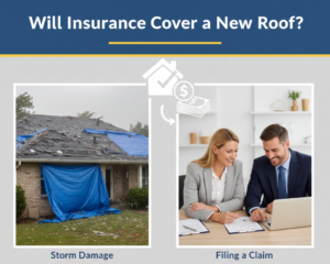 A split-screen image for a roofing blog. The left side shows a storm-damaged house with a blue tarp on the roof and siding. The right side shows a professional couple in a bright office reviewing an insurance claim on a laptop. The title "Will Insurance Cover a New Roof?" is at the top in white text on a badge blue background with a canary yellow accent line.