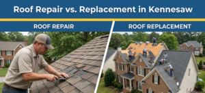 A split-screen comparison graphic. The top header is badge blue with white text reading "Roof Repair vs. Replacement in Kennesaw," underlined by a canary yellow accent line. The left side, labeled "ROOF REPAIR," shows a roofer repairing shingles. The right side, labeled "ROOF REPLACEMENT," shows a crew performing a full install on a suburban home. Subtitles include "Targeted fixes" and "Comprehensive upgrade."