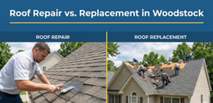 A professional roofing comparison graphic for a Woodstock blog. The top header is badge blue with white text reading "Roof Repair vs. Replacement in Woodstock," underlined by a canary yellow accent line. The left panel, labeled "ROOF REPAIR," shows a technician patching shingles. The right panel, labeled "ROOF REPLACEMENT," shows a crew removing old shingles for a full installation on a tan suburban home.
