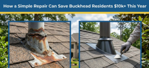 Roof Repair in Buckhead GA: The '5-Year Fix' That Can Save Residents $10k+ This Year 2 A professional roofing blog image for Buckhead residents. The top banner is badge blue with white text reading "How a Simple Repair Can Save Buckhead Residents $10k+ This Year" above a canary yellow accent line. The graphic features two framed comparison photos: the left shows a rusted, leaking pipe boot on a shingle roof, and the right shows a roofer in grey gloves expertly installing a new, watertight seal.