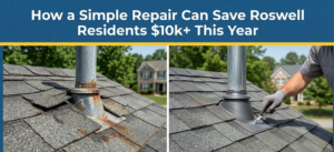 A split-screen blog image titled "How a Simple Repair Can Save Roswell Residents $10k+ This Year." The left side, labeled "The Problem," shows a rusted and leaking roof pipe boot. The right side, labeled "The $10k+ Solution," shows a professional roofer installing a new, watertight seal to prevent expensive structural damage.